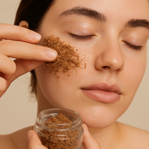 Close-up of a woman applying almond powder scrub to her cheek, using a natural exfoliant from VEHERA Organic Beauty.