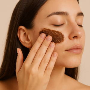 Close-up of woman gently applying dark brown organic face mask to her cheek using her fingertips for natural skincare benefits.