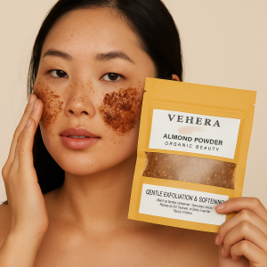 Young Asian girl with freckles applying Vehera Almond Powder on her face, holding the product pouch in hand for natural skincare.