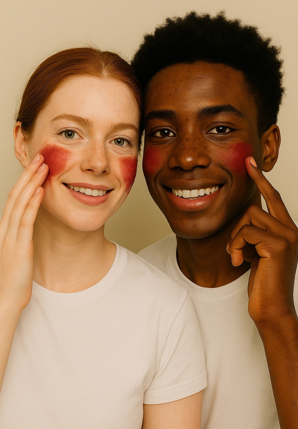 A young Black male teen and a white female teen with freckles smiling while applying red beetroot powder masks to their cheeks, promoting inclusive natural skincare.